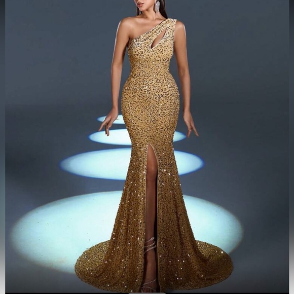 Luxe gold sequins mermaid hem bodycon formal evening black tie gown dress - Picture 5 of 6